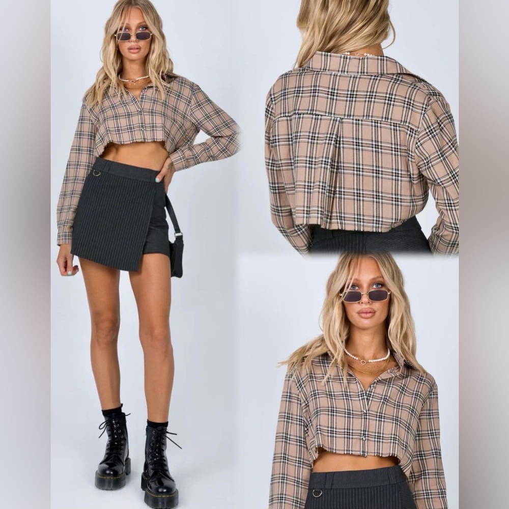 NWOT Princess Polly Cropped Plaid Long Sleeve Button-Up